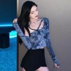 Tie-dyed One-shoulder Long-sleeve T-shirt Blue - One Size