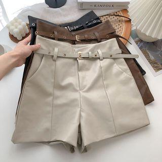 Plain High-waist Pu Wide Leg Shorts + Belt
