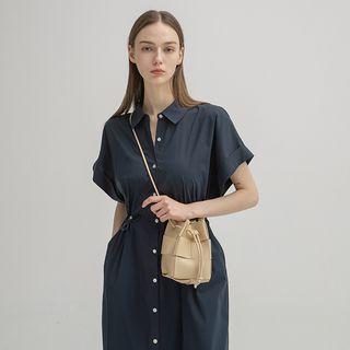 Rollup-sleeve Drawstring Long Shirtdress