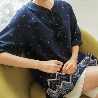 Tassel-neck Pattern Long Blouse