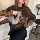 Leopard Print Panel Color Block Sweater Sweater - White & Gray & Brown - One Size