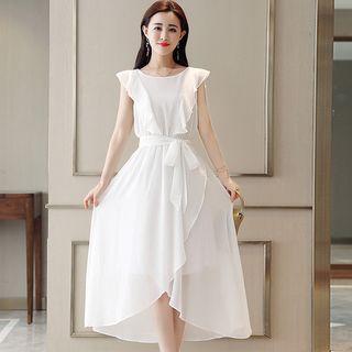 Ruffle Trim Sleeveless Chiffon Evening Dress