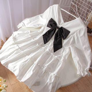 Elbow-sleeve Bow A-line Dress White - One Size