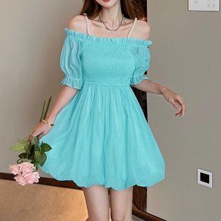Cold-shoulder Faux Pearl Smocked A-line Dress
