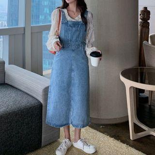 Lace Blouse / Midi A-line Denim Jumper Dress