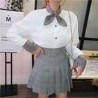 Set: Long-sleeve Corduroy Shirt + Mini Pleated Plaid Skirt