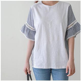 Perforated-sleeve Striped-detail Top