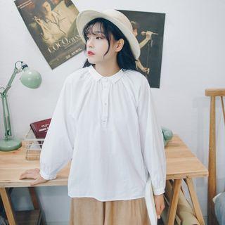 Long-sleeved Loose-fit Collared Plain Blouse