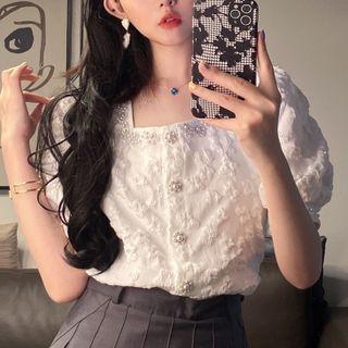 Puff-sleeve Faux Pearl Floral Blouse White - One Size
