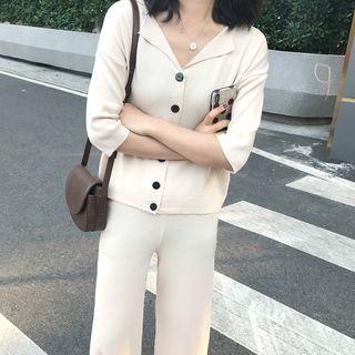 Set: Elbow-sleeve Cardigan + Wide-leg Pants