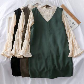 Set: Ruffled-trim Plain Blouse + Tank Dress