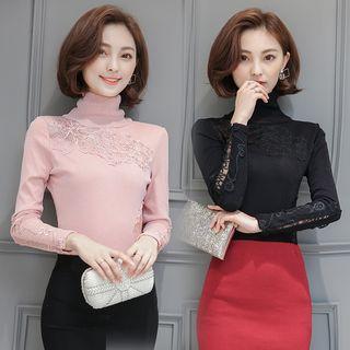Long-sleeve Turtleneck Lace Panel Top