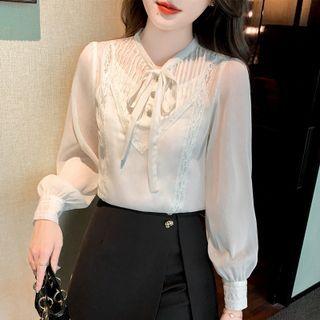 Puff Sleeve Lace Panel Lace-up Chiffon Blouse