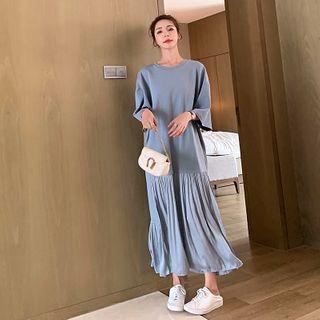 Elbow-sleeve Panel Midi A-line Pleated Dress