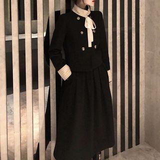 Set: Double-breasted Paneled Coat + Midi A-line Skirt