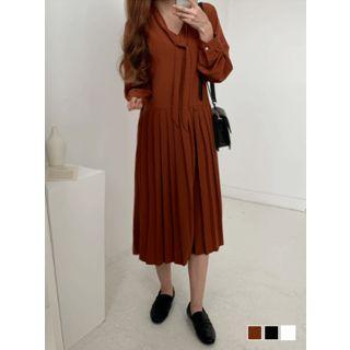 Tie-neck Pleated Midi Flare Dress