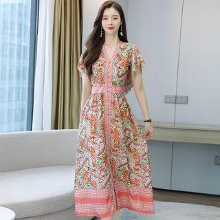 Flutter Sleeve V-neck Floral Print Button-up Chiffon Dress