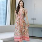Flutter Sleeve V-neck Floral Print Button-up Chiffon Dress