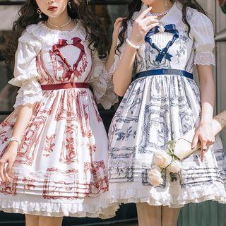 Graphic Print Bow Lolita Overall Dress / Hair Clip