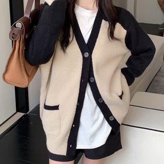 Two Tone Cardigan Beige & Black - One Size