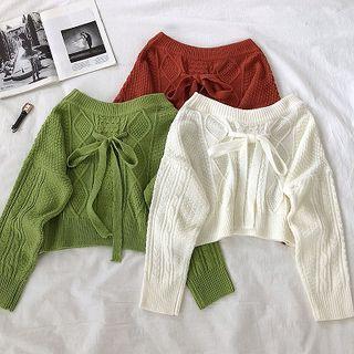 Plain Off-shoulder Lace-up Long-sleeve Sweater