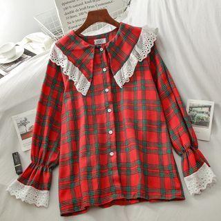 Lace Trim Plaid Blouse Plaid - Red - One Size
