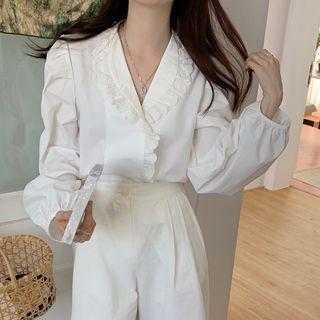 Puff Sleeve Lace Trim Plain Shirt White - One Size