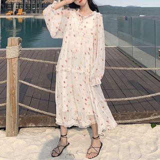 Set: Long-sleeve Midi Floral Chiffon Dress + Spaghetti Strap Dress Set - As Shown In Figure - One Size