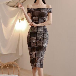 Off-shoulder Plaid Midi Sheath Dress
