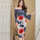 Set: Off-shoulder Long-sleeve Top + High-waist Flower Print Pencil Skirt