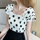 Short-sleeve Dotted Blouse Black Dots - White - One Size