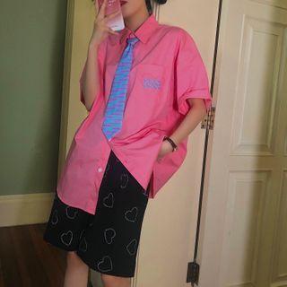 Elbow-sleeve Tie Neck Shirt