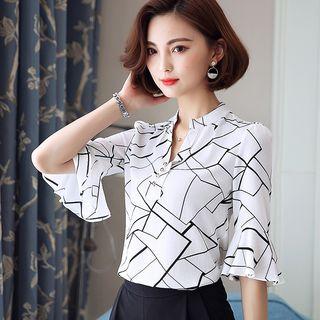 Printed Bell Elbow-sleeve Mandarin Collar Blouse