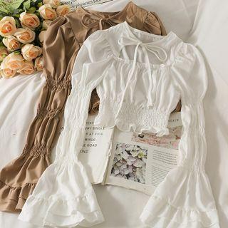 Bell-sleeve Tie-neckline Smocked Crop Blouse