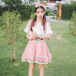 Scallop Trim Short Sleeve Blouse / Plaid Suspender Skirt