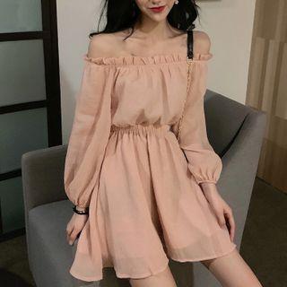 Off-shoulder Mini A-line Dress Pink - One Size