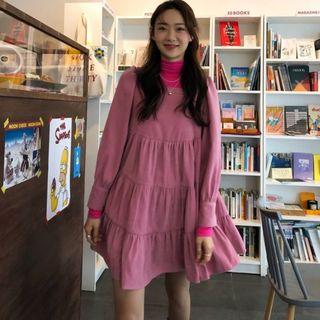 Square Neck Long-sleeve A-line Dress Pink - One Size