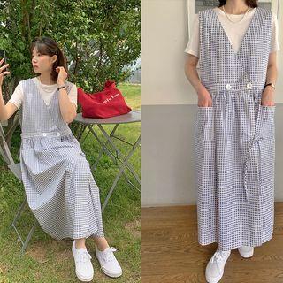 Check Long Pinafore Dress Blue - One Size