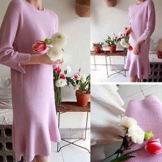 Faux-pearl Sleeve Ruffle-hem Knit Dress