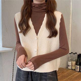 V-neck Button-up Vest / Long-sleeve Turtleneck Plain Top