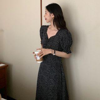 Puff-sleeve Floral Midi A-line Dress Black - One Size