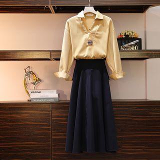 Set: Half-button Shirt + A-line Midi Skirt