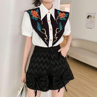 Puff-sleeve Floral Embroidered Blouse / Drawstring Shorts