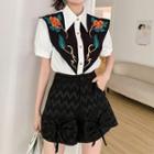 Puff-sleeve Floral Embroidered Blouse / Drawstring Shorts