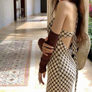 Spaghetti-strap Plaid Midi Sheath Dress