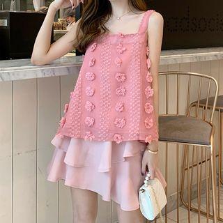 Sleeveless Flower Accent Top / Layered Skirt
