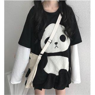 Mock Two-piece Panda Detail Long-sleeve T-shirt / Crossbody Bag