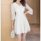 Elbow-sleeve V-neck Lace Mini Dress