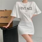 Elbow-sleeve Lettering Print Cutout Zip T-shirt