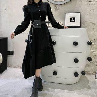 Asymmetrical Hem Midi A-line Dress / Chain Belt Bag